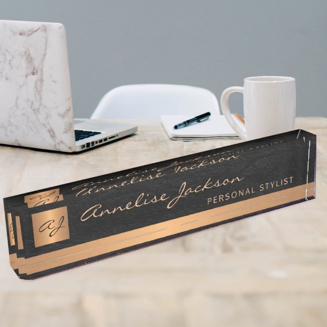 Porte-nom Pour Bureau Luxe élégant cuir noir or monogrammed (Créateur téléchargé)