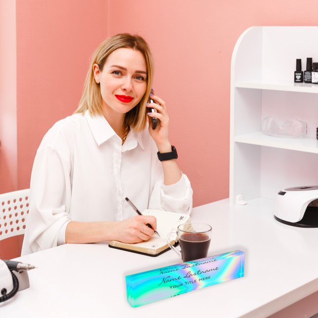 Porte-nom Pour Bureau Maquillage Rose Esthétique beauté Holographe Unico (Makeup Rose Esthetician Beauty Holograph Unicorn Desk Name Plate)