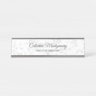 Porte-nom Pour Bureau Marbre blanc chic avec typographie de script gris