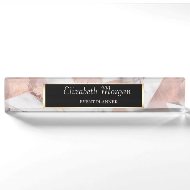 Porte-nom Pour Bureau Marbre géométrique Rose or tendance (Devant)