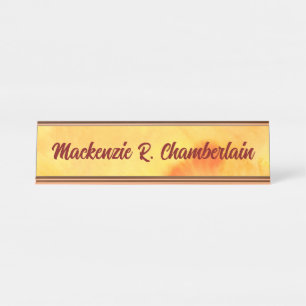 Porte-nom Pour Bureau Marbre jaune Abstrait avec nom dans le script