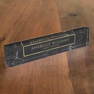 Porte-nom Pour Bureau Marbre noir sophistiqué et texture d'or