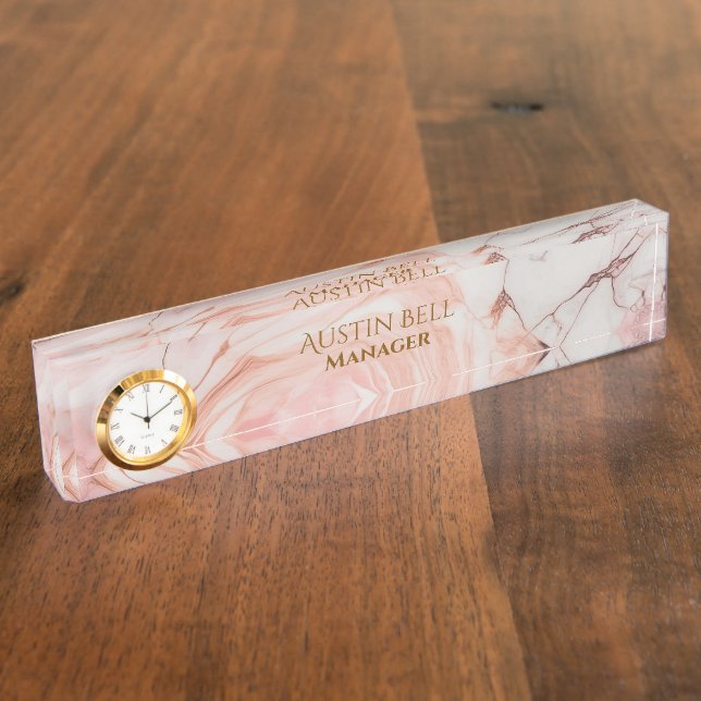 Porte-nom Pour Bureau Marbre rose blanc et or personnalisé (Taille)