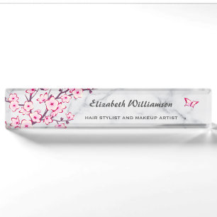 Porte-nom Pour Bureau Marbre rose gris fleurs de cerisier
