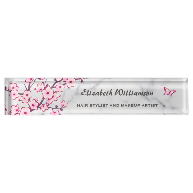 Porte-nom Pour Bureau Marbre rose gris fleurs de cerisier (Devant)