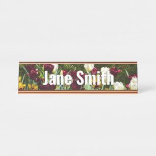 Porte-nom Pour Bureau Maroon et Tulipes Jaunes Florales colorées