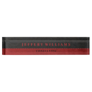 Porte-nom Pour Bureau Masculine Rouge cuir noir Accents
