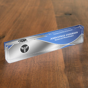 Porte-nom Pour Bureau Médecin Médicale santé argent caducs bleu
