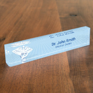 Porte-nom Pour Bureau Médicale blanc 3D Caduceus Blue Design