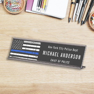Porte-nom Pour Bureau Mince Ligne bleue Police Officier Drapeau américai