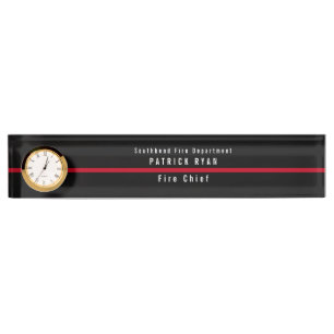 Porte-nom Pour Bureau Mince Red Line Firefighter Monogramme Horloge
