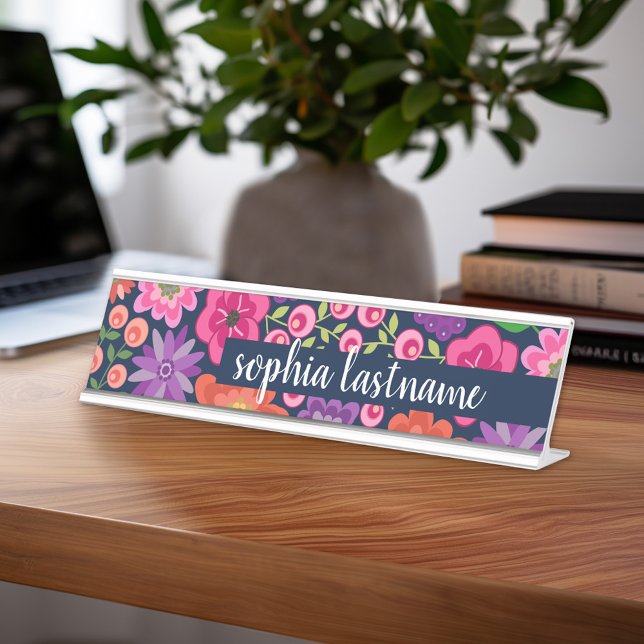Porte-nom Pour Bureau Modèle floral plat signature manuscrite - marine (Custom Name Plate for Desk or Office)