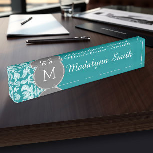 Porte-nom Pour Bureau Modèle gris chic et Damas Turquoise Monogramme pe