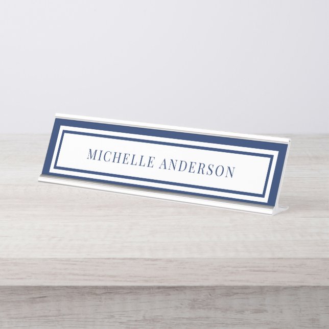 Porte-nom Pour Bureau Modern Navy Blue Chic Double Boarder Elegant  (Devant)