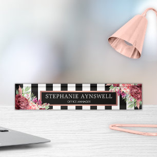 Porte-nom Pour Bureau Moderne Floral Bourgogne Noir Blancs