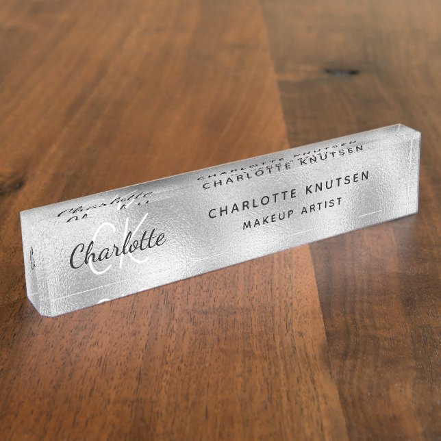 Porte-nom Pour Bureau Monogramme argenté professionnel moderne (Taille)