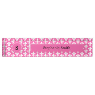 Porte-nom Pour Bureau Monogramme Blanc et rose chaud Fleur de Lis Motif