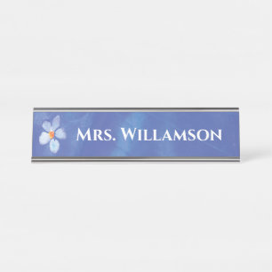 Porte-nom Pour Bureau Monogramme bleu de fleur d'aquarelle d'éducateur