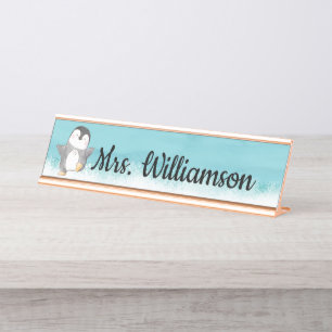Porte-nom Pour Bureau Monogramme de l'enseignant en classe Cute Penguin