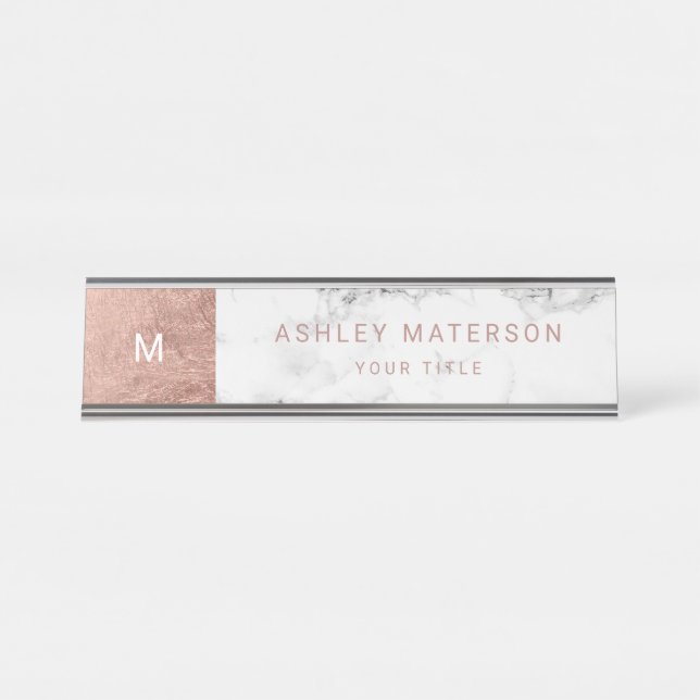 Porte-nom Pour Bureau Monogramme de marbre blanc de bloc de couleur d'or (Devant)