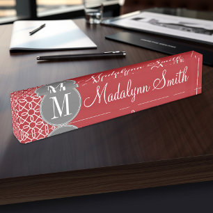 Porte-nom Pour Bureau Monogramme de Motif géométrique rouge et gris