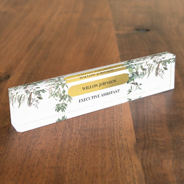 Porte-nom Pour Bureau Monogramme d'or Elégant Eucalyptus Verdure & Oisea (Taille)