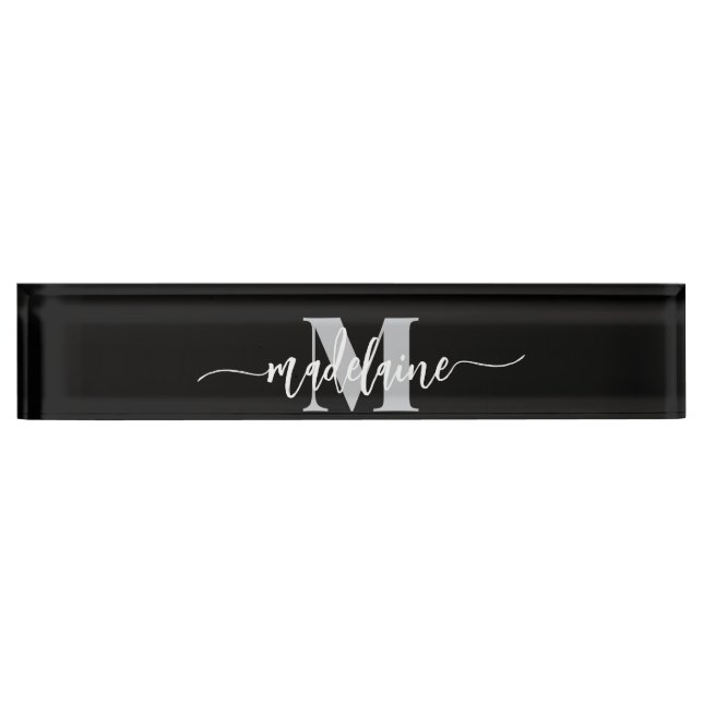Porte-nom Pour Bureau Monogramme Elegant Blanc noir personnel (Devant)