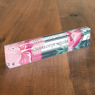 Porte-nom Pour Bureau Monogramme floral d'été exotique rayé