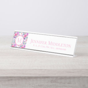 Porte-nom Pour Bureau Monogramme floral personnalisé rose