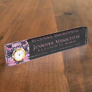 Porte-nom Pour Bureau Monogramme floral Personnalisé rose noir