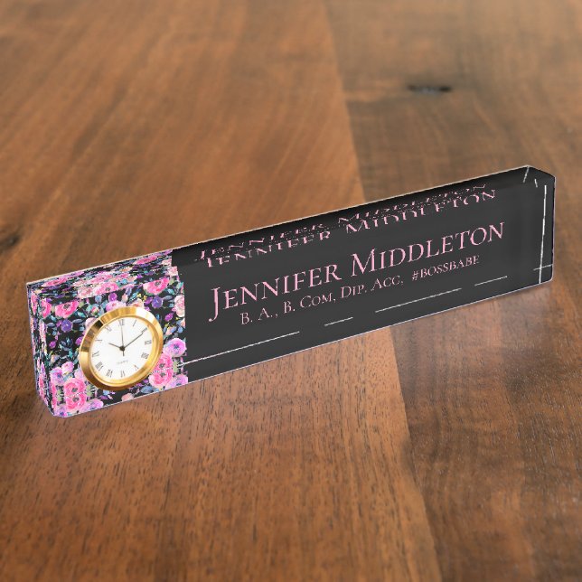 Porte-nom Pour Bureau Monogramme floral Personnalisé rose noir  (Taille)