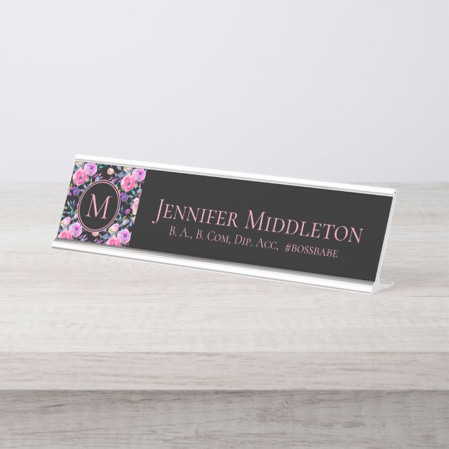Porte-nom Pour Bureau Monogramme floral rose (Devant)