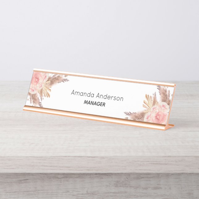 Porte-nom Pour Bureau monogramme floral rose pâle (Devant)