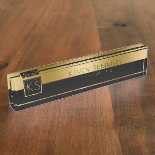 Porte-nom Pour Bureau Monogramme Gold & Black Modern Design