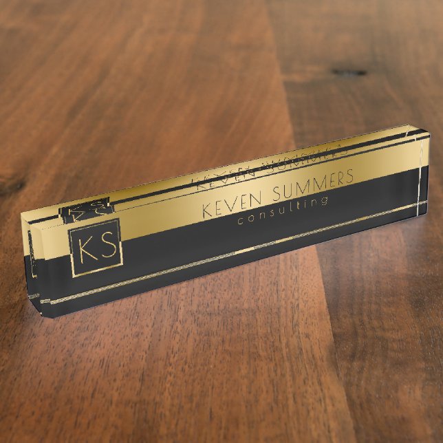 Porte-nom Pour Bureau Monogramme Gold & Black Modern Design (Taille)