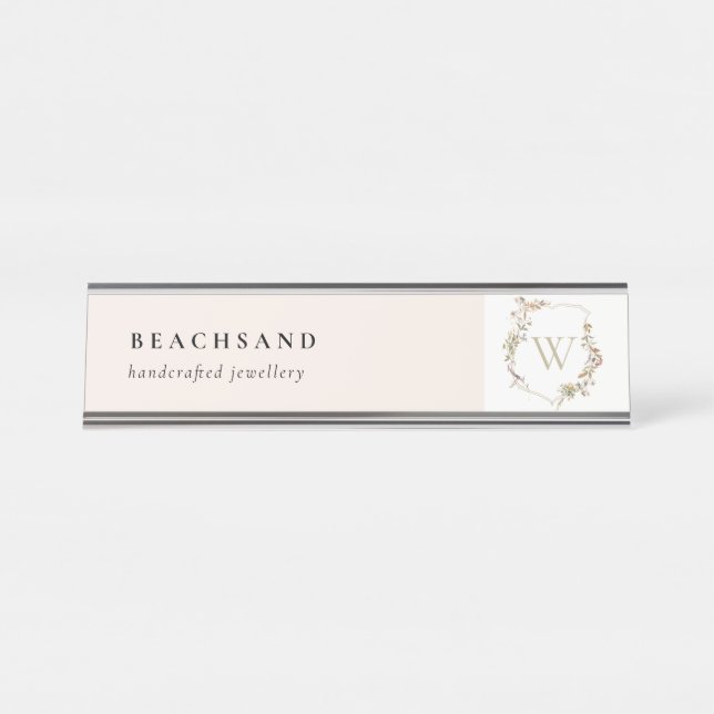 Porte-nom Pour Bureau Monogramme initial de Fleur sauvage rose cendré (Devant)