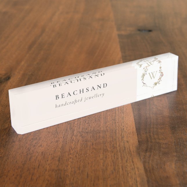 Porte-nom Pour Bureau Monogramme initial de Fleur sauvage rose cendré (Taille)