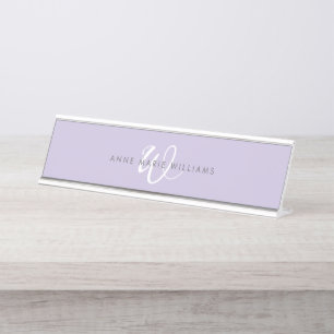 Porte-nom Pour Bureau Monogramme Moderne Lavande Blanc Script