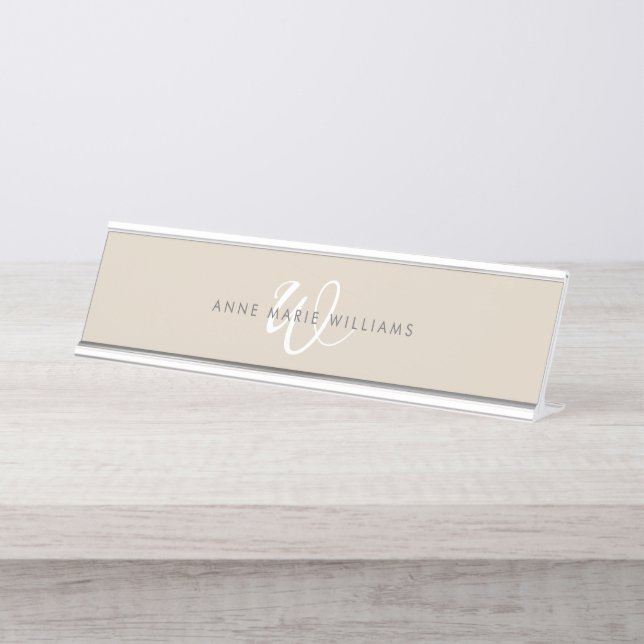 Porte-nom Pour Bureau Monogramme Moderne Marron Mocha Blanc Script (Devant)