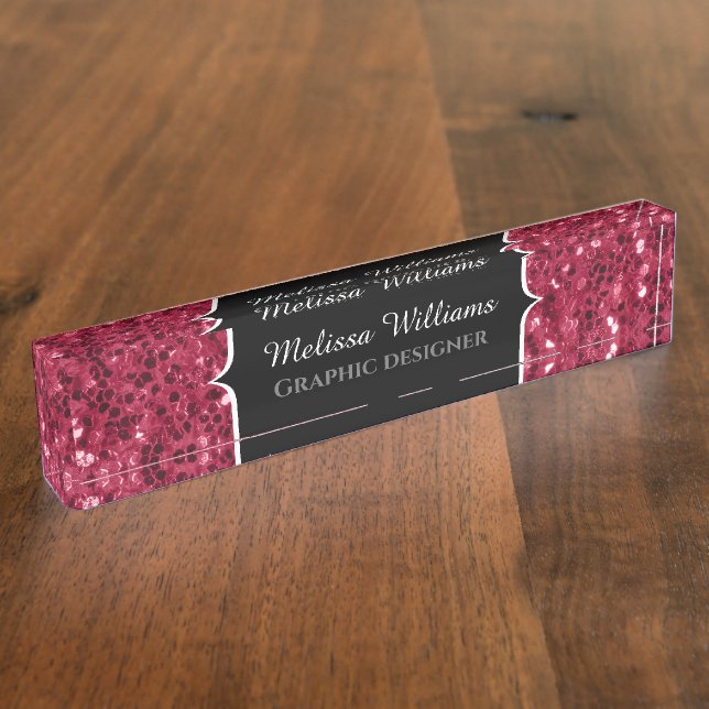 Porte-nom Pour Bureau Monogramme rose foncé magenta faux scintillants (Taille)