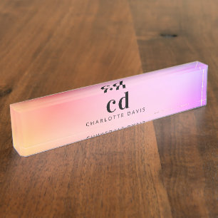 Porte-nom Pour Bureau monogramme rose violet doré nom minimaliste