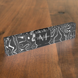 Porte-nom Pour Bureau Monogramme tourbillons abstraits damas noir blanc