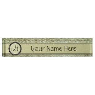 Porte-nom Pour Bureau Moss Green Feather Motif avec Monogram