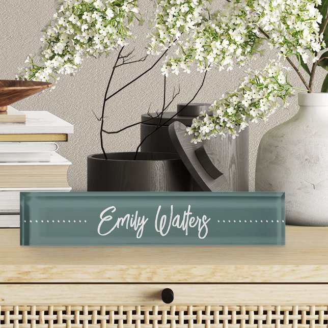 Porte-nom Pour Bureau Moss Green Sketted Cursive Script (Créateur téléchargé)