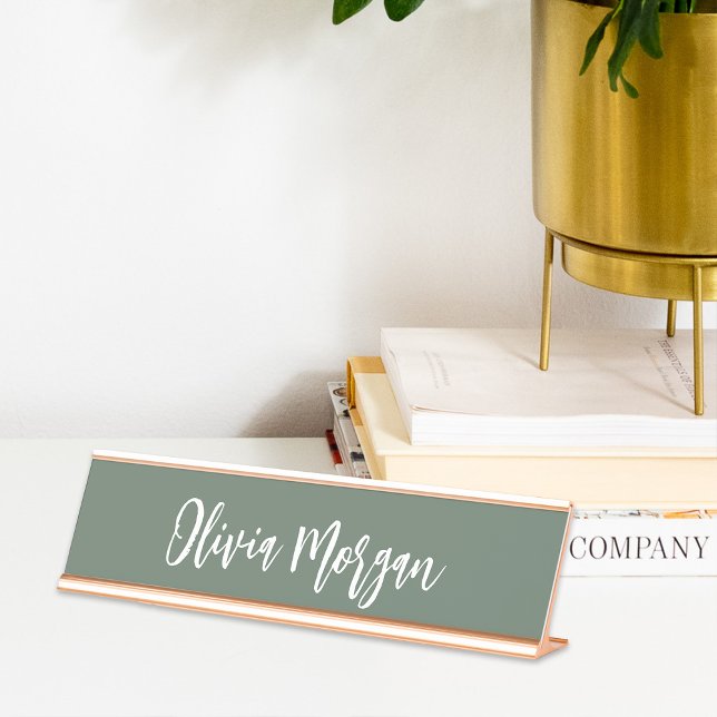 Porte-nom Pour Bureau Moss Green Sketted Cursive Script (Créateur téléchargé)