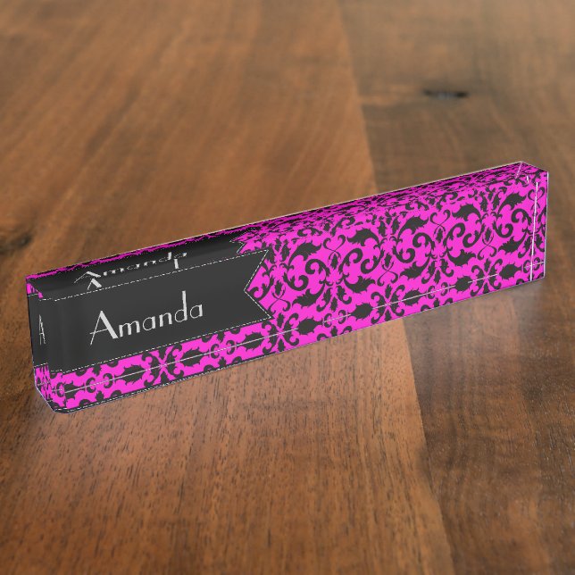 Porte-nom Pour Bureau Motif Damas, Damas Rose, Votre Nom (Taille)