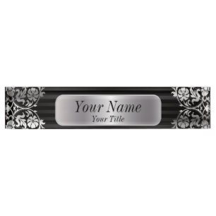 Porte-nom Pour Bureau Motif Damas en gris argent et noir   Texte DO-IT-Y
