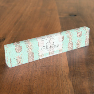 Porte-nom Pour Bureau Motif d'ananas doré et à la menthe
