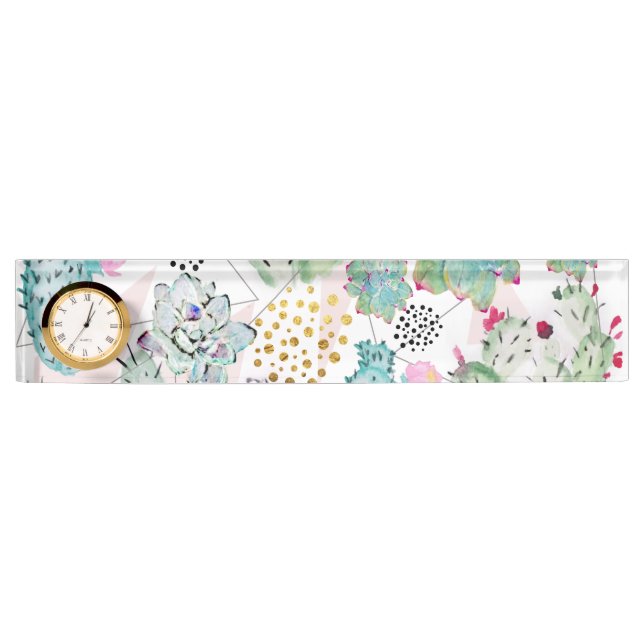 Porte-nom Pour Bureau motif de cactus et triangles aquarelle (Devant)