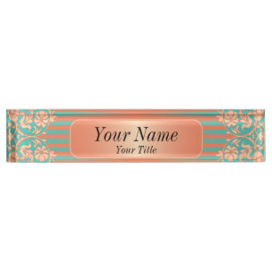 Porte-nom Pour Bureau Motif de damassé en corail et texte de Teal  